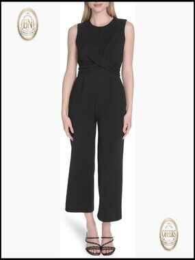 Sleeveless High Neck Cross Waist Crepe Capri Jumpsuit
